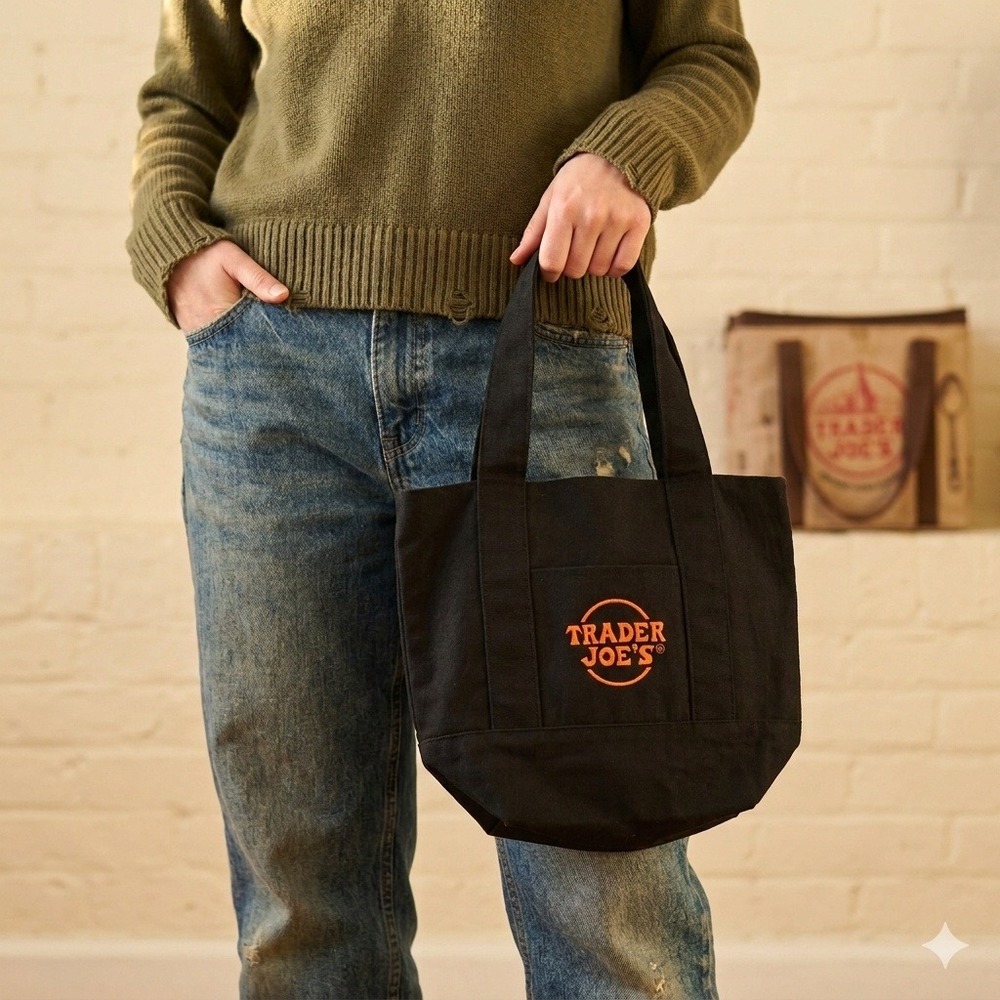 Trader Joe's Mini Tote Bag Trick or Treat Canvas‎ Black Orange Logo NWT